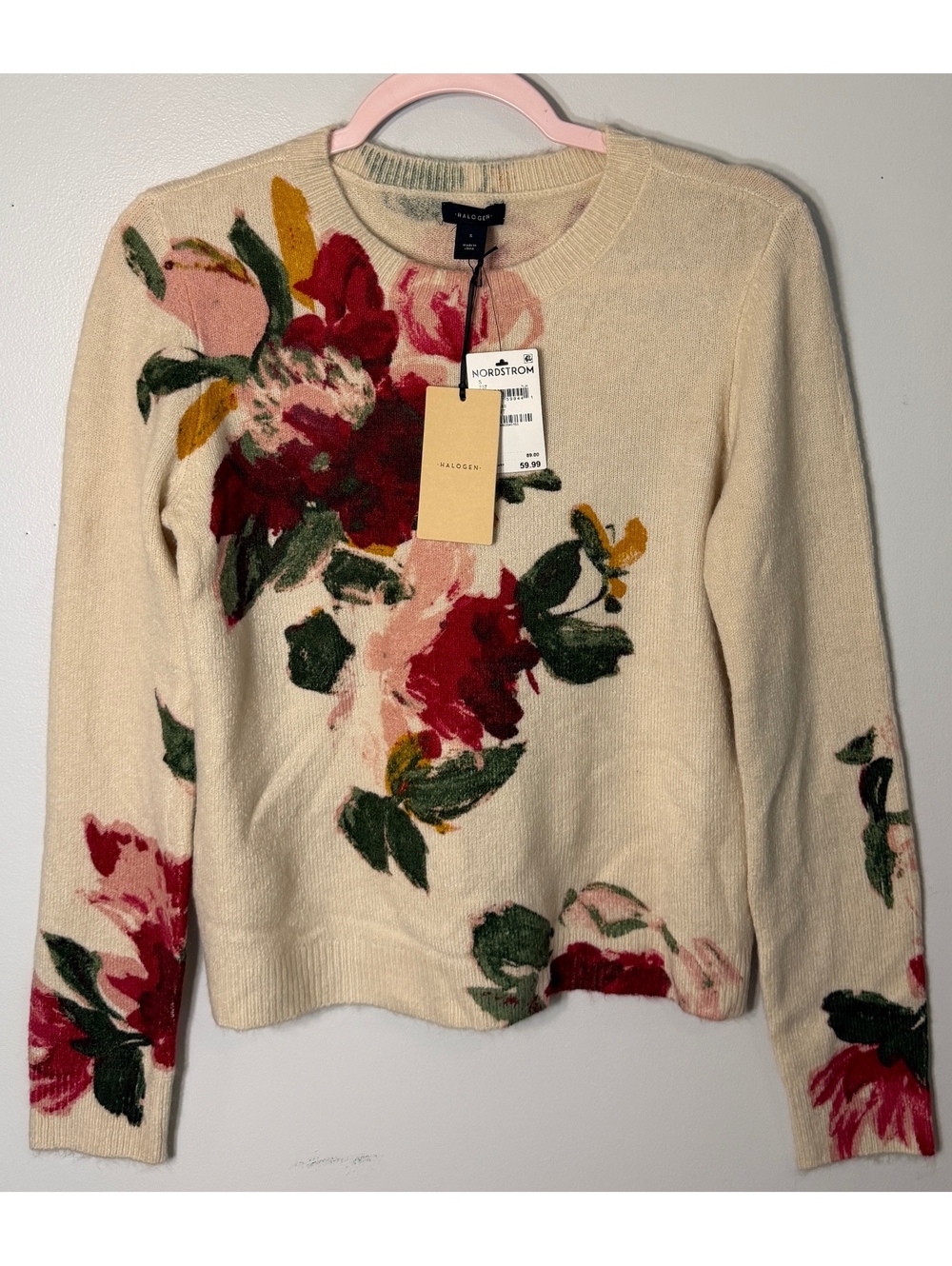Halogen Nordstrom floral crewneck sweater ivory pink knit pullover small NWTS